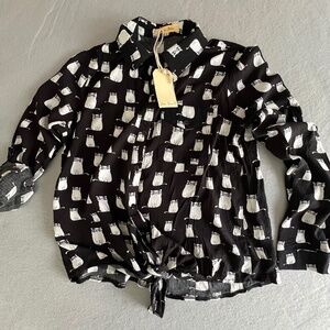 Cat with glasses button up shirt NWT